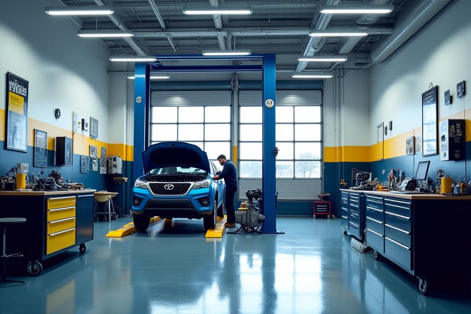Clean and professional auto repair workshop interior with a technician working on an engine