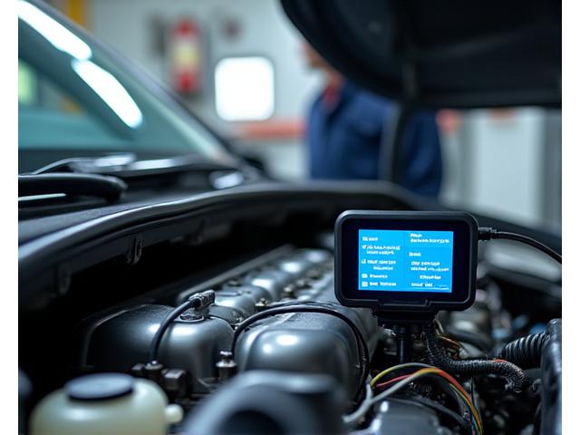 Engine diagnostic tool connected to a car engine