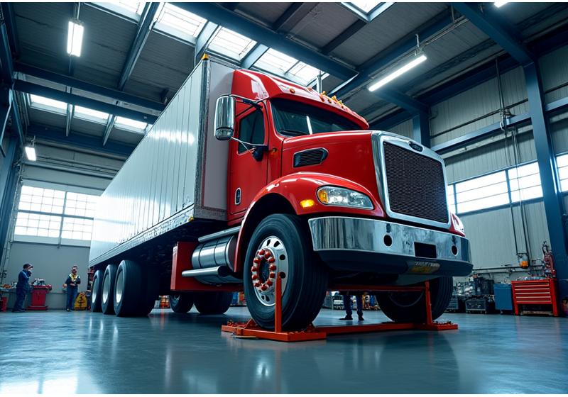 Large commercial truck being serviced at a repair shop