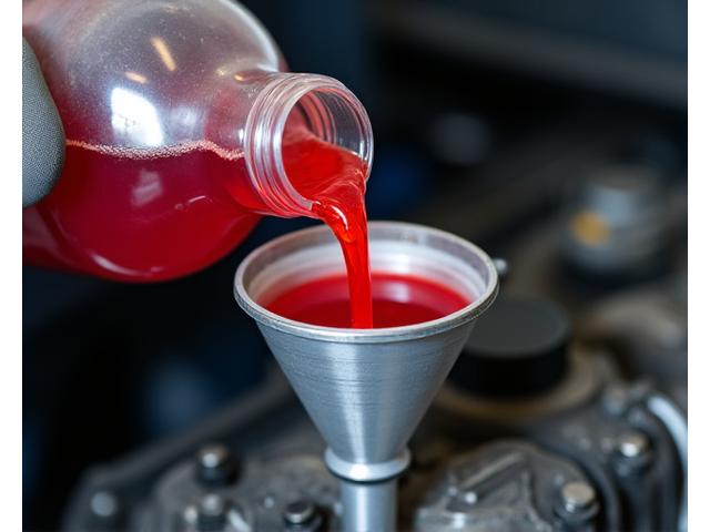 New transmission fluid being poured into a funnel