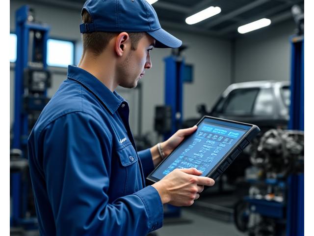 Mechanic diagnosing a transmission issue